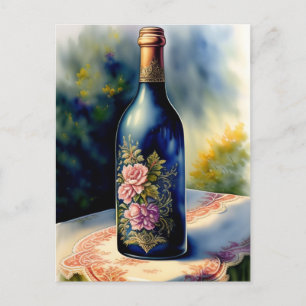Floral Wine Bottle Still Life Digital Art Postcard