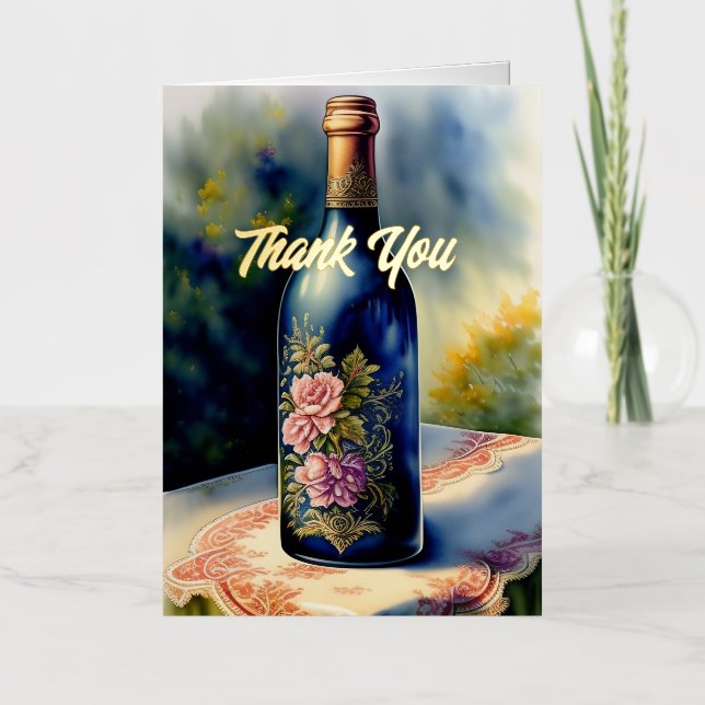Floral Wine Bottle  Thank You   Foil Greeting Card (Front)