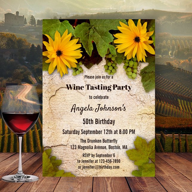 Floral Wine Tasting Birthday Invitation (Birthday party invitation featuring a wine theme with hanging grapes and leaves on a rustic wall)