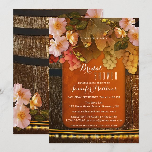 Floral Wine Themed String Lights Bridal Shower Invitation (Front/Back)