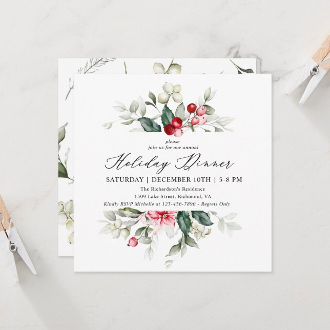 Floral Winter Berries Holiday Dinner Invitation (Front/Back In Situ)
