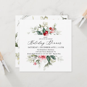 Floral Winter Berries Holiday Dinner Invitation