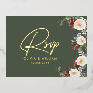 Floral Winter Greenery Christmas Holiday RSVP Foil Invitation Postcard