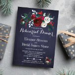 Floral Winter Navy Red Wedding Rehearsal Dinner Invitation<br><div class="desc">Elegant red burgundy and white peony flowers bouquet with winter seasonal pine green fir branches, red berries and foliage wedding rehearsal dinner invitation with a fancy modern contemporary changeable script text over a dark midnight navy blue chalkboard background. Ideal for a winter seasonal / Christmas elegant rustic chic floral wedding...</div>