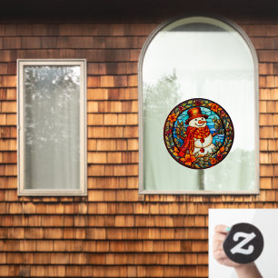 Floral Winter Smiling Snowman Faux Stained Glass Window Cling