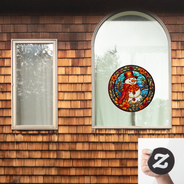 Floral Winter Smiling Snowman Faux Stained Glass Window Cling (Home Window)