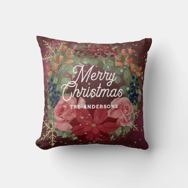 Floral winter watercolor wreath red poinsettia throw pillow (Front)