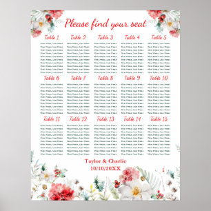 Floral Winter Wedding 15 Tables Seating Chart