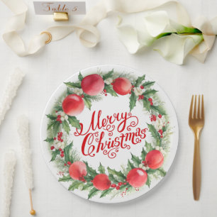 Floral Winter Wreath Merry Christmas Paper Plate
