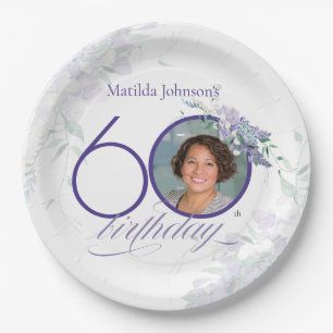 Floral Wisteria Elegant Photo Purple 60th Birthday Paper Plate