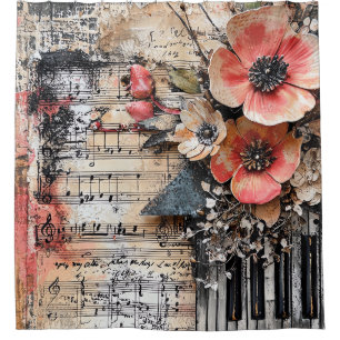 Floral with Rustic Piano Keys & Aged Music Sheet 1
