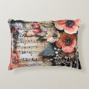 Floral with Rustic Piano Keys & Aged Music Sheet 1 Accent Pillow