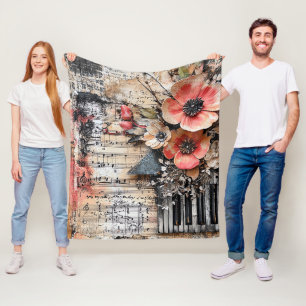 Floral with Rustic Piano Keys & Aged Music Sheet 1 Fleece Blanket