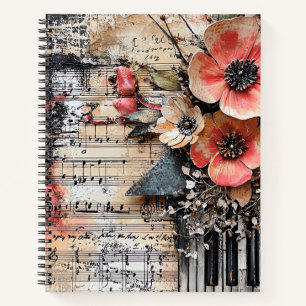 Floral with Rustic Piano Keys & Aged Music Sheet 1 Notebook