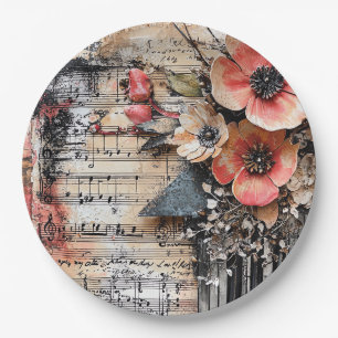 Floral with Rustic Piano Keys & Aged Music Sheet 1 Paper Plate