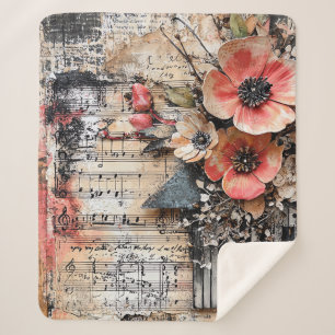 Floral with Rustic Piano Keys & Aged Music Sheet 1 Sherpa Blanket