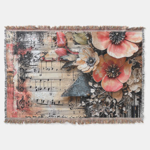 Floral with Rustic Piano Keys & Aged Music Sheet 1 Throw Blanket