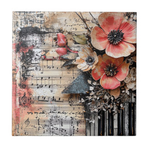 Floral with Rustic Piano Keys & Aged Music Sheet 1 Tile