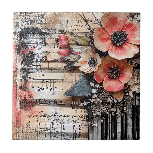 Floral with Rustic Piano Keys & Aged Music Sheet 1 Tile (Front)