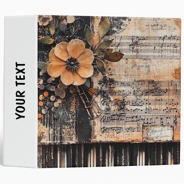 Floral with Rustic Piano Keys & Aged Music Sheet 2 Binder (Front/Spine)