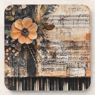 Floral with Rustic Piano Keys & Aged Music Sheet 2 Coaster