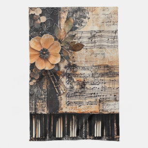 Floral with Rustic Piano Keys & Aged Music Sheet 2 Kitchen Towel