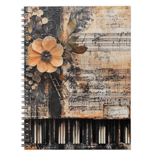 Floral with Rustic Piano Keys & Aged Music Sheet 2 Notebook