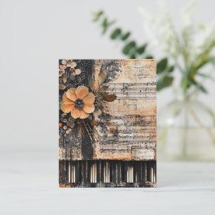 Floral with Rustic Piano Keys & Aged Music Sheet 2 Postcard
