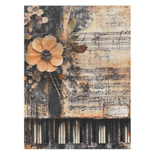Floral with Rustic Piano Keys & Aged Music Sheet 2 Tablecloth