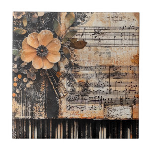 Floral with Rustic Piano Keys & Aged Music Sheet 2 Tile