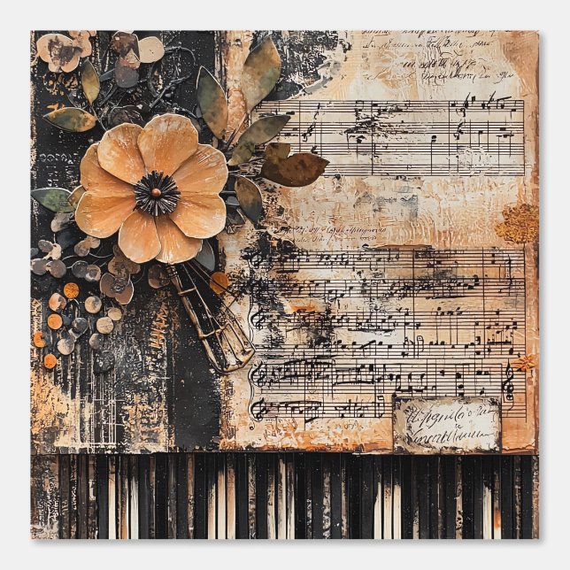 Floral with Rustic Piano Keys & Aged Music Sheet 2 Wallpaper (Front)