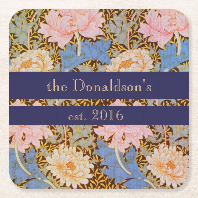 Floral Wm Morris Design Add a Name & Year Square Paper Coaster (Front)