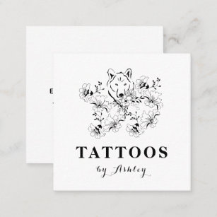 Floral Wolf Face Drawn Black & White Tattoo Artist Square Business Card