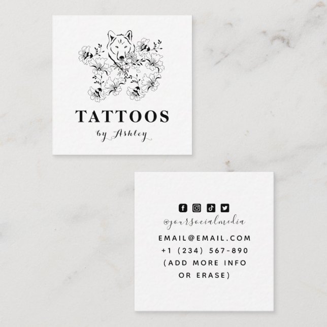 Floral Wolf Face Drawn Black & White Tattoo Artist Square Business Card (Front/Back)