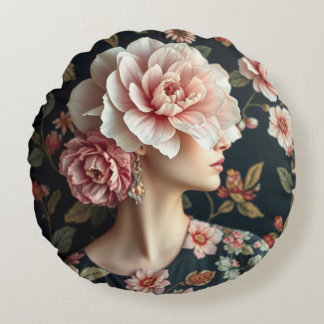 Floral Woman Art - Live life in full bloom  Round Pillow
