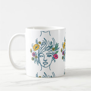 Floral Woman Face Line Art Boho Pattern Coffee Mug
