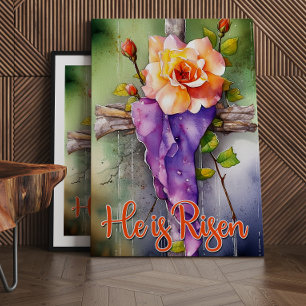 Floral Wood Christian Cross, He is Risen Easter Canvas Print