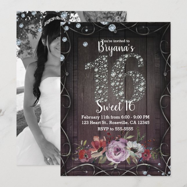 Floral Wood Diamond Bling 16 Birthday Party Photo Invitation (Front/Back)