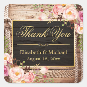 Floral Wood Rustic Country Gold Frame Thank You Square Sticker