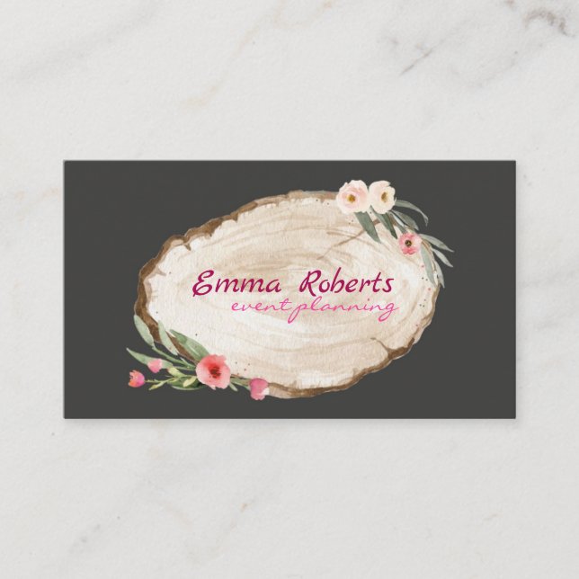Floral wood slice Event Planning Business Card (Front)