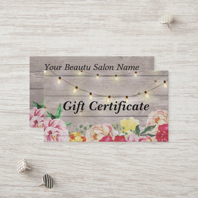Floral Wood & String Lights Salon Gift Certificate (Front/Back In Situ)