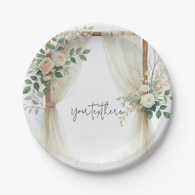 Floral Wooden Arch Greenery Roses Rustic Wedding Paper Plate (Front)