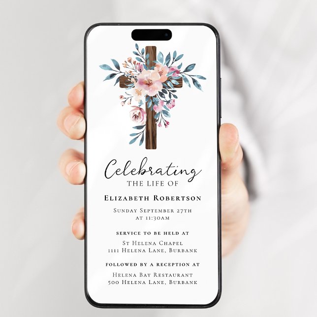Floral Wooden Cross Funeral Digital Evite Invitation (Creator Uploaded)