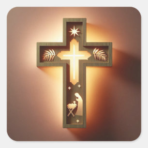 Floral Wooden Cross Night Light – Ai design  Square Sticker