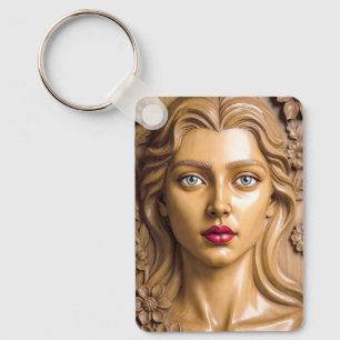 Floral Wooden Portrait of an Elegant Woman Keychain
