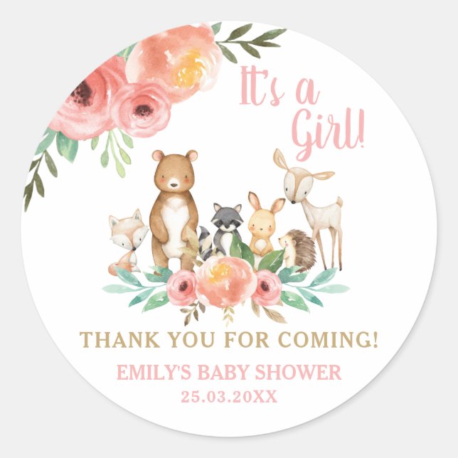 Floral Woodland Animal Baby Shower Thank You Favou Classic Round Sticker (Front)