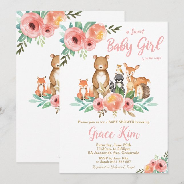 Floral Woodland Animals Baby Shower Forest Girl Invitation (Front/Back)