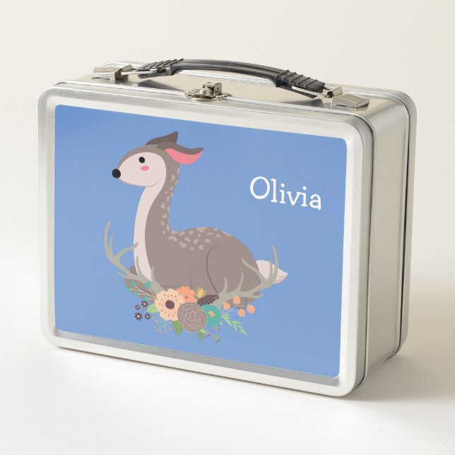 Floral Woodland Deer Personalized Metal Lunch Box (Front)
