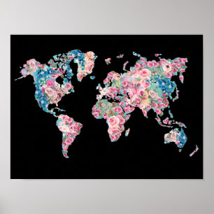 Floral World map Poster