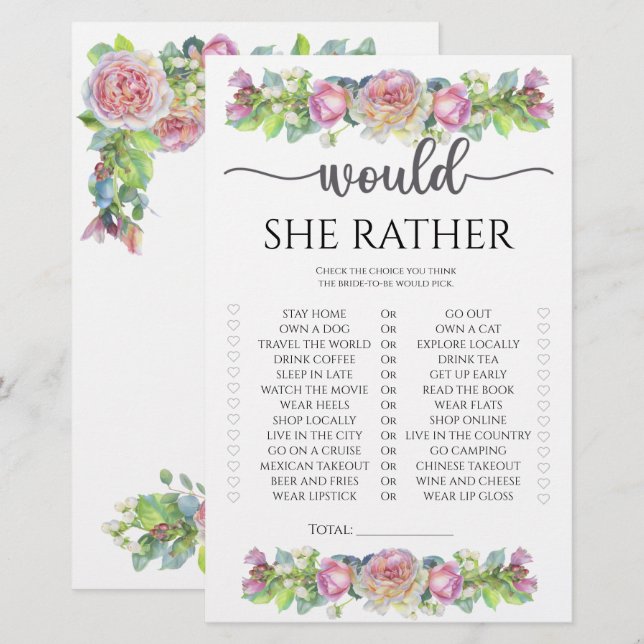 Floral Would she rather bridal shower game (Front/Back)